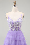 Purple Corset A Line Tiered Long Prom Dress