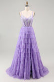 Purple A Line Tiered Beaded Corset Long Prom Dress with Slit