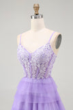Purple A Line Tiered Beaded Corset Long Prom Dress with Slit