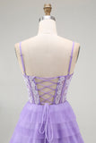Purple A Line Tiered Beaded Corset Long Prom Dress with Slit