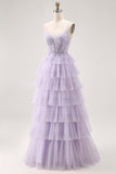 Lilac A Line Beaded Corset Tiered Long Prom Dress with Slit