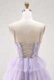 Lilac A Line Beaded Corset Tiered Long Prom Dress with Slit