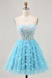 Blue A Line Appliques Butterfly Corset Short Graduation Dress