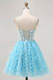 Blue A Line Appliques Butterfly Corset Short Graduation Dress
