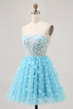 Blue A Line Appliques Butterfly Corset Short Graduation Dress