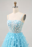Blue A Line Appliques Butterfly Corset Short Graduation Dress