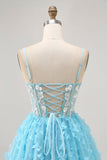 Blue A Line Appliques Butterfly Corset Short Graduation Dress