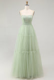 Green A Line Beaded Tulle Corset Long Prom Dress with Lace Up Back