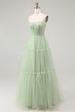 Green A Line Beaded Tulle Corset Long Prom Dress with Lace Up Back