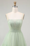 Green A Line Beaded Tulle Corset Long Prom Dress with Lace Up Back