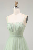 Green A Line Beaded Tulle Corset Long Prom Dress with Lace Up Back