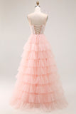 Blush A Line Corset Sequins Tiered Ruffle Long Prom Dress with Appliques