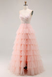 Blush A Line Corset Sequins Tiered Ruffle Long Prom Dress with Appliques