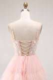 Blush A Line Corset Sequins Tiered Ruffle Long Prom Dress with Appliques
