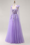 Purple A Line Sequin Lace Up Back Tulle Long Prom Dress with Bow Straps
