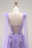 Purple A Line Sequin Lace Up Back Tulle Long Prom Dress with Bow Straps