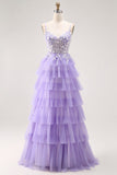 Purple A-Line Sequins Tulle Corset Tiered Long Prom Dress with Lace Up Back