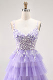 Purple A-Line Sequins Tulle Corset Tiered Long Prom Dress with Lace Up Back