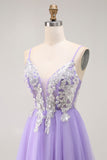 Purple A Line Appliqued Corset Long Prom Dress with Lace Up Back