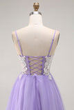 Purple A Line Appliqued Corset Long Prom Dress with Lace Up Back