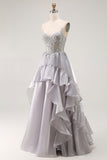 Grey A Line Beaded Sheer Corset Long Ruffle Prom Dress with Slit