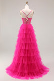 Fuchsia Corset A Line Spaghetti Straps Beaded Tiered Prom Dress with Slit