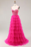 Fuchsia Corset A Line Spaghetti Straps Beaded Tiered Prom Dress with Slit