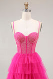 Fuchsia Corset A Line Spaghetti Straps Beaded Tiered Prom Dress with Slit