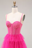 Fuchsia Corset A Line Spaghetti Straps Beaded Tiered Prom Dress with Slit