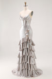 Grey Mermaid Beaded Corset Tiered Pleated Long Prom Dress with Slit