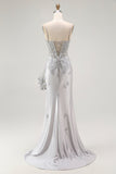 Silver Sheath Spaghetti Straps Beaded Corset Long Prom Dress with Appliques