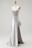Silver Sheath Spaghetti Straps Beaded Corset Long Prom Dress with Appliques