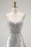 Silver Sheath Spaghetti Straps Beaded Corset Long Prom Dress with Appliques