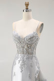 Silver Sheath Spaghetti Straps Beaded Corset Long Prom Dress with Appliques