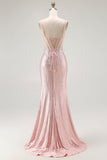 Blush Mermaid Corset Beaded Long Prom Dress with Lace Up Back