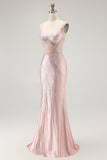 Blush Mermaid Corset Beaded Long Prom Dress with Lace Up Back