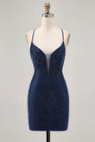 Dark Blue Beaded Spaghetti Straps Bodycon Graduation Dress