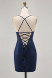 Dark Blue Beaded Spaghetti Straps Bodycon Graduation Dress