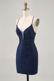 Dark Blue Beaded Spaghetti Straps Bodycon Graduation Dress