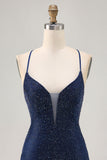 Dark Blue Beaded Spaghetti Straps Bodycon Graduation Dress