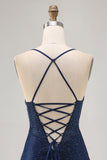 Dark Blue Beaded Spaghetti Straps Bodycon Graduation Dress