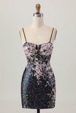 Sparkly Black Pink Flower Bodycon Corset Short Graduation Dress with Sequins