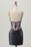 Sparkly Black Pink Flower Bodycon Corset Short Graduation Dress with Sequins