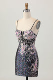 Sparkly Black Pink Flower Bodycon Corset Short Graduation Dress with Sequins