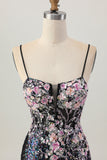 Sparkly Black Pink Flower Bodycon Corset Short Graduation Dress with Sequins