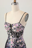 Sparkly Black Pink Flower Bodycon Corset Short Graduation Dress with Sequins