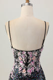 Sparkly Black Pink Flower Bodycon Corset Short Graduation Dress with Sequins