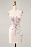 Sparkly Black Pink Flower Bodycon Corset Short Graduation Dress with Sequins