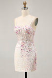 Sparkly Black Pink Flower Bodycon Corset Short Graduation Dress with Sequins