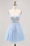 Blue A-line Tulle Sequin Graduation Dress with Lace Up Back
